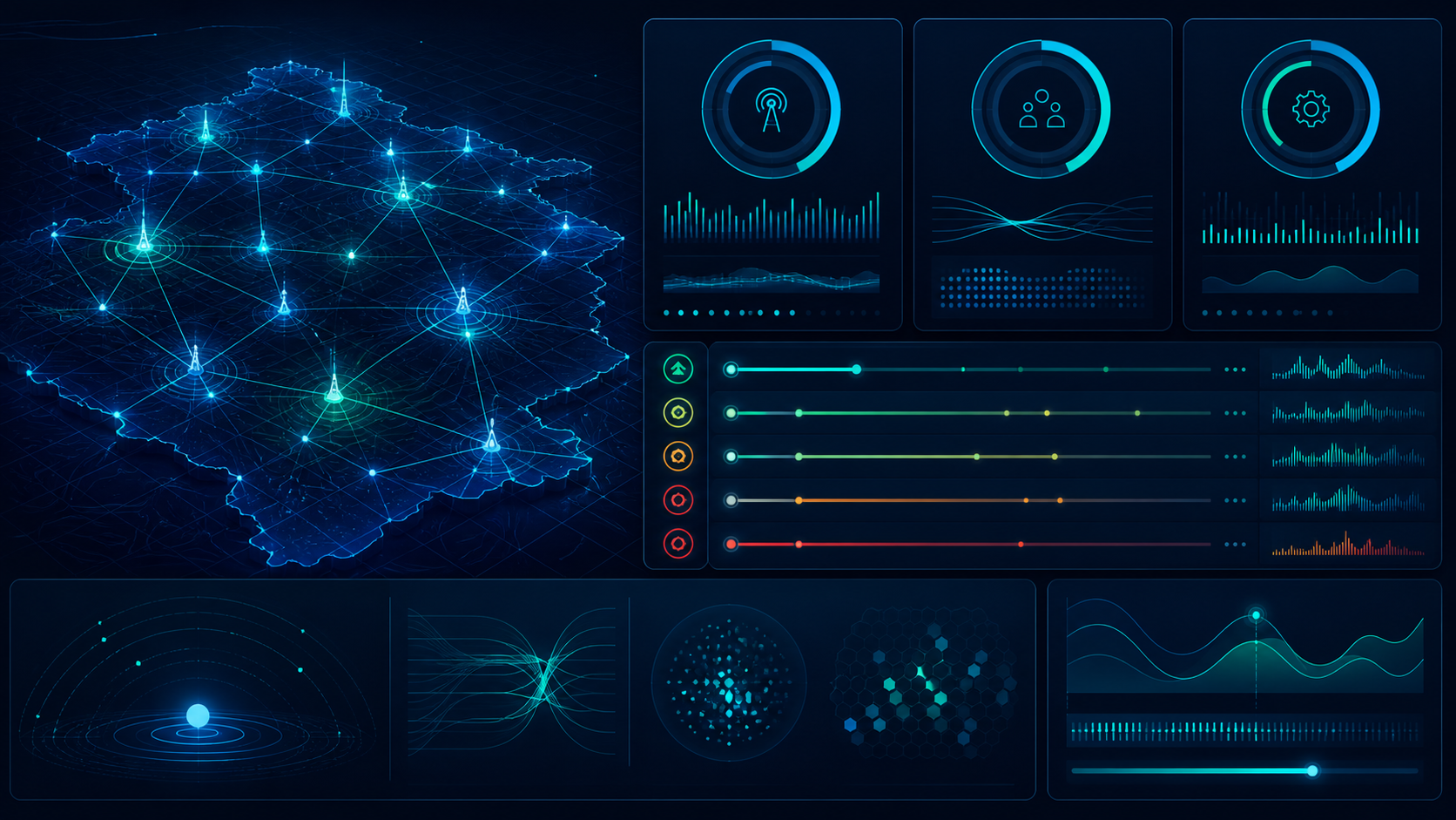 Abstract data-safe CEM dashboard visual showing regional network health, issue prioritization and an executive decision view.