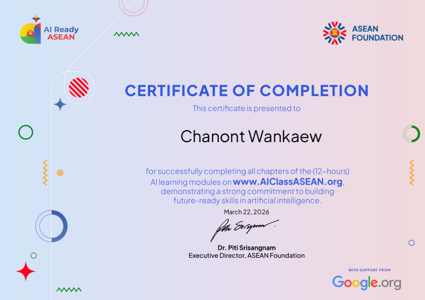 AI Ready ASEAN certificate awarded to Chanont Wankaew