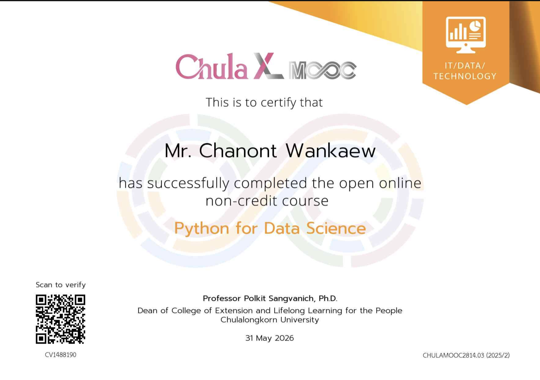 Python for Data Science certificate awarded to Chanont Wankaew