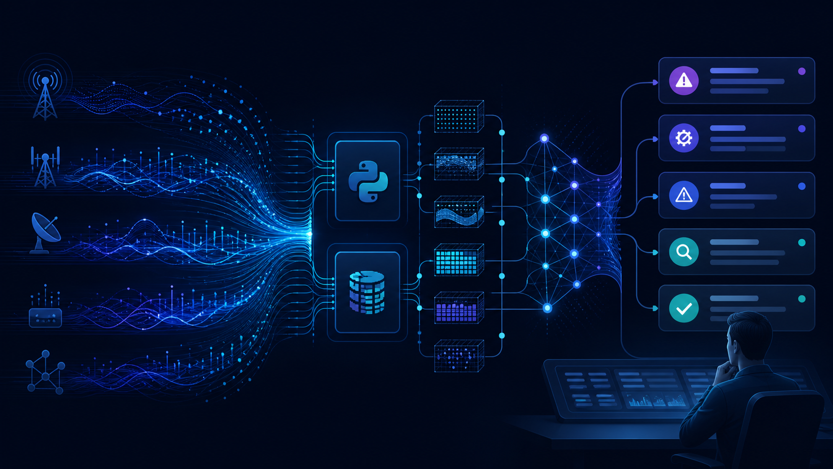 Abstract data-safe visual of telecom telemetry flowing through Python and SQL preparation, AI-assisted investigation and a prioritized engineering action queue.