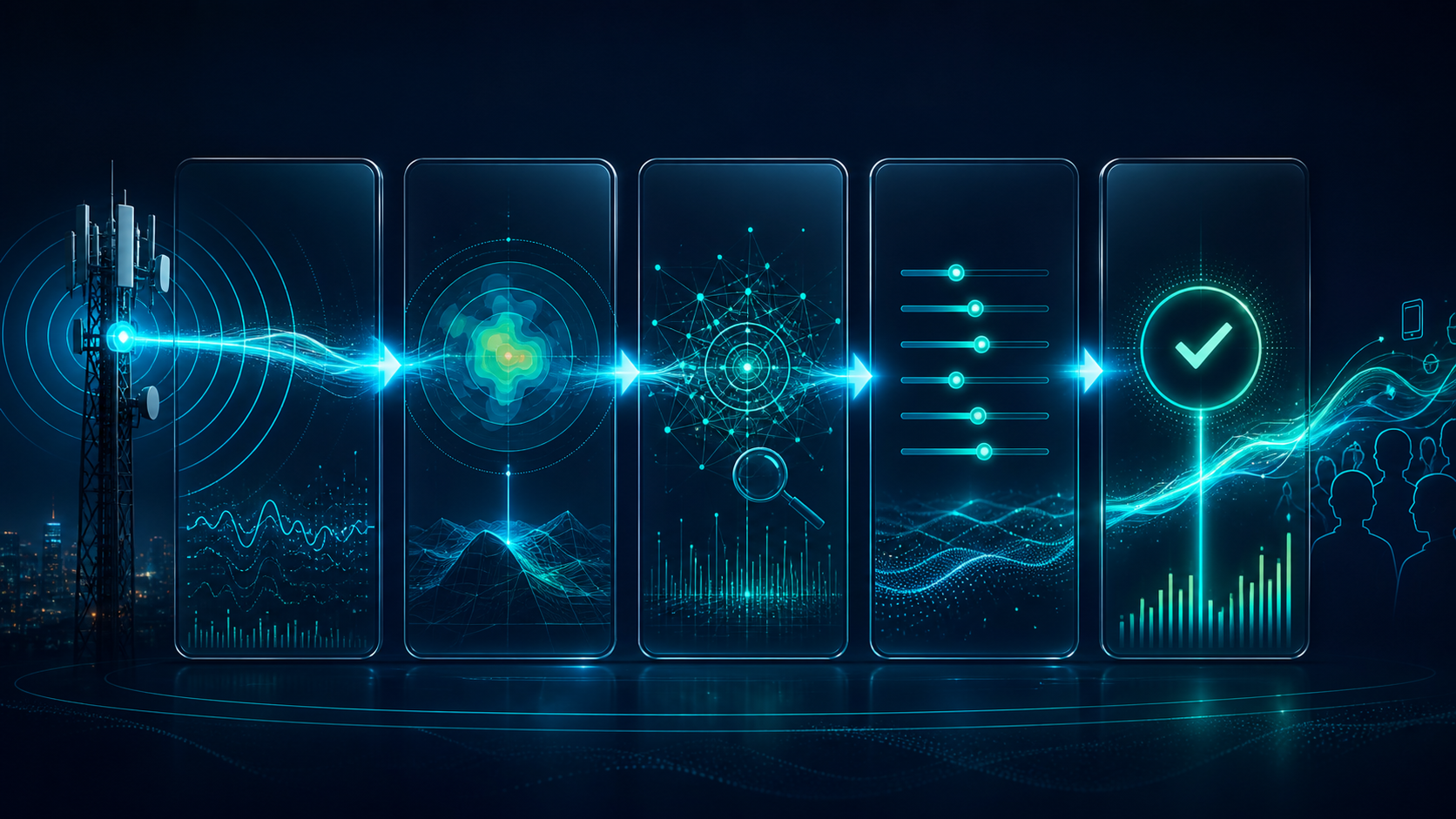 Abstract data-safe workflow visual: telecom signal intake flows through RF diagnosis, engineering parameter action, KPI validation and customer-experience outcome.